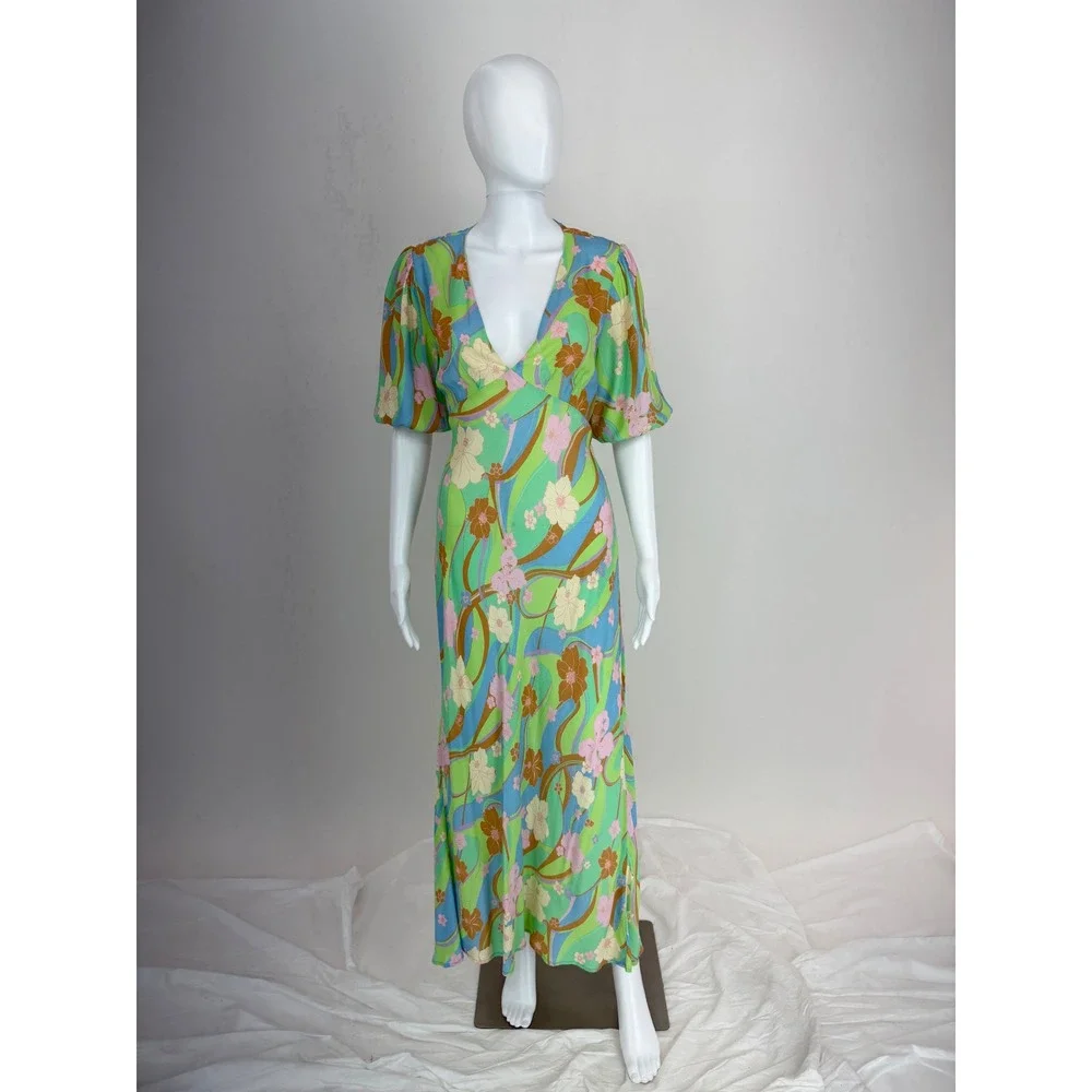 RIXO Steph Maxi Dress Floral Open Back Tie Waist Puff Sleeve Size S - Picture 3 of 9
